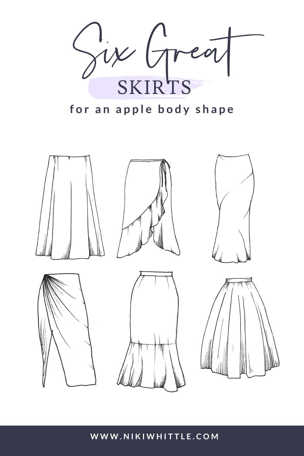 6 illustrated images of skirt styles that look good on an apple body shape, and fit an apple body shape well.