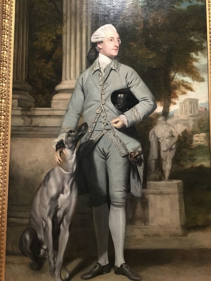 This may contain: a painting of a man with a dog in front of a statue and trees behind him