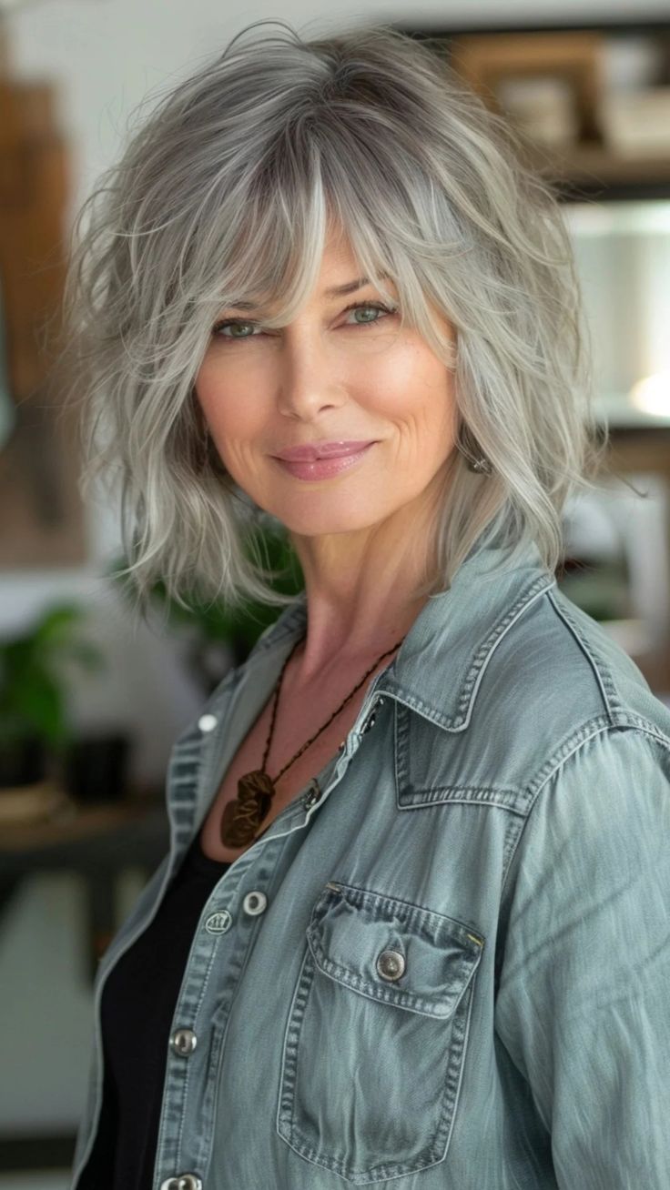 This contains: Smiling woman with gray hair wearing a denim jacket indoors.