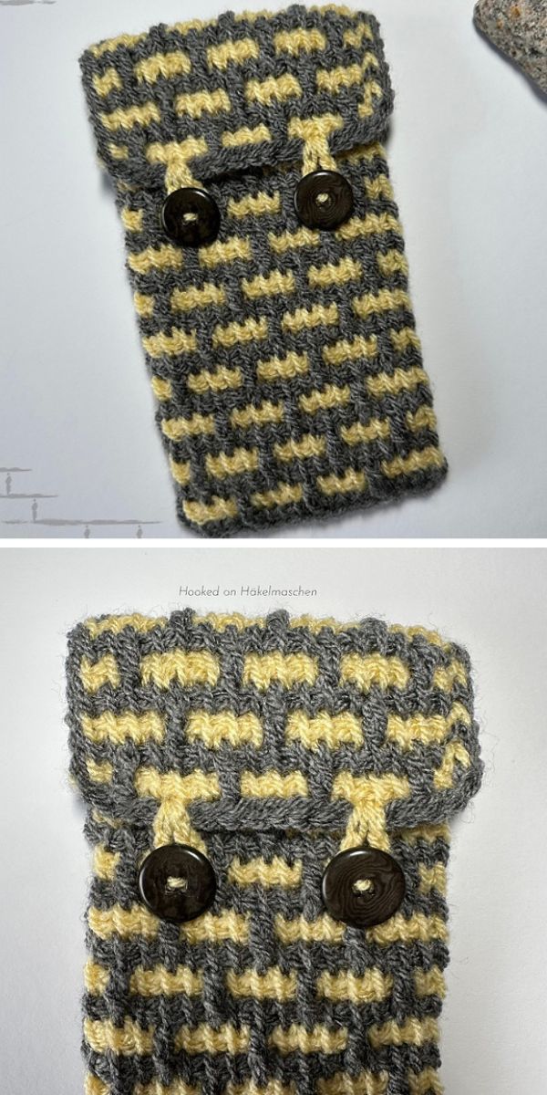 a two-colored crochet phone cozy