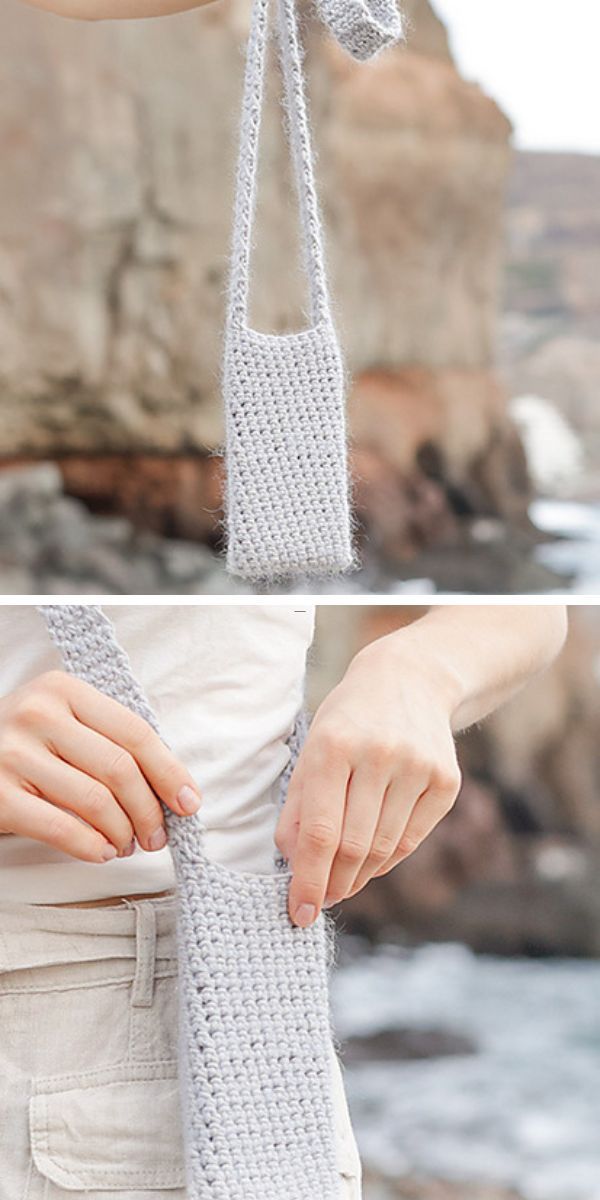 a small crochet pouch with a long strap in a light grey color