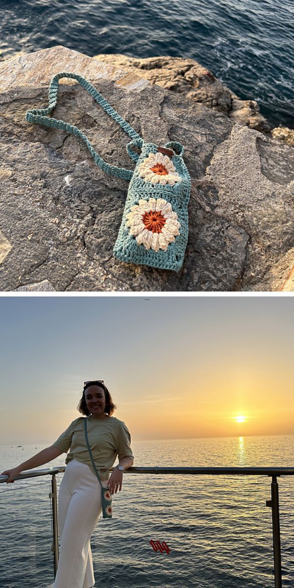 a crochet pouch made of flower granny squares