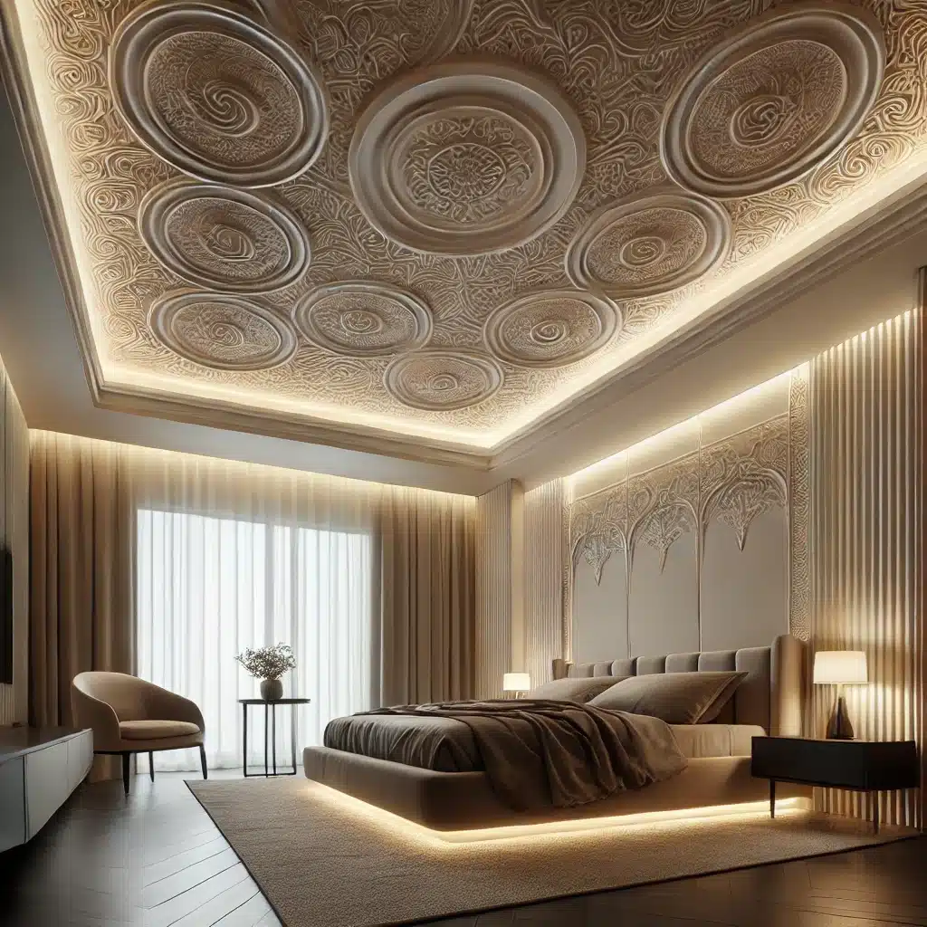 Carved ceilings with cove lighting for  bedroom 