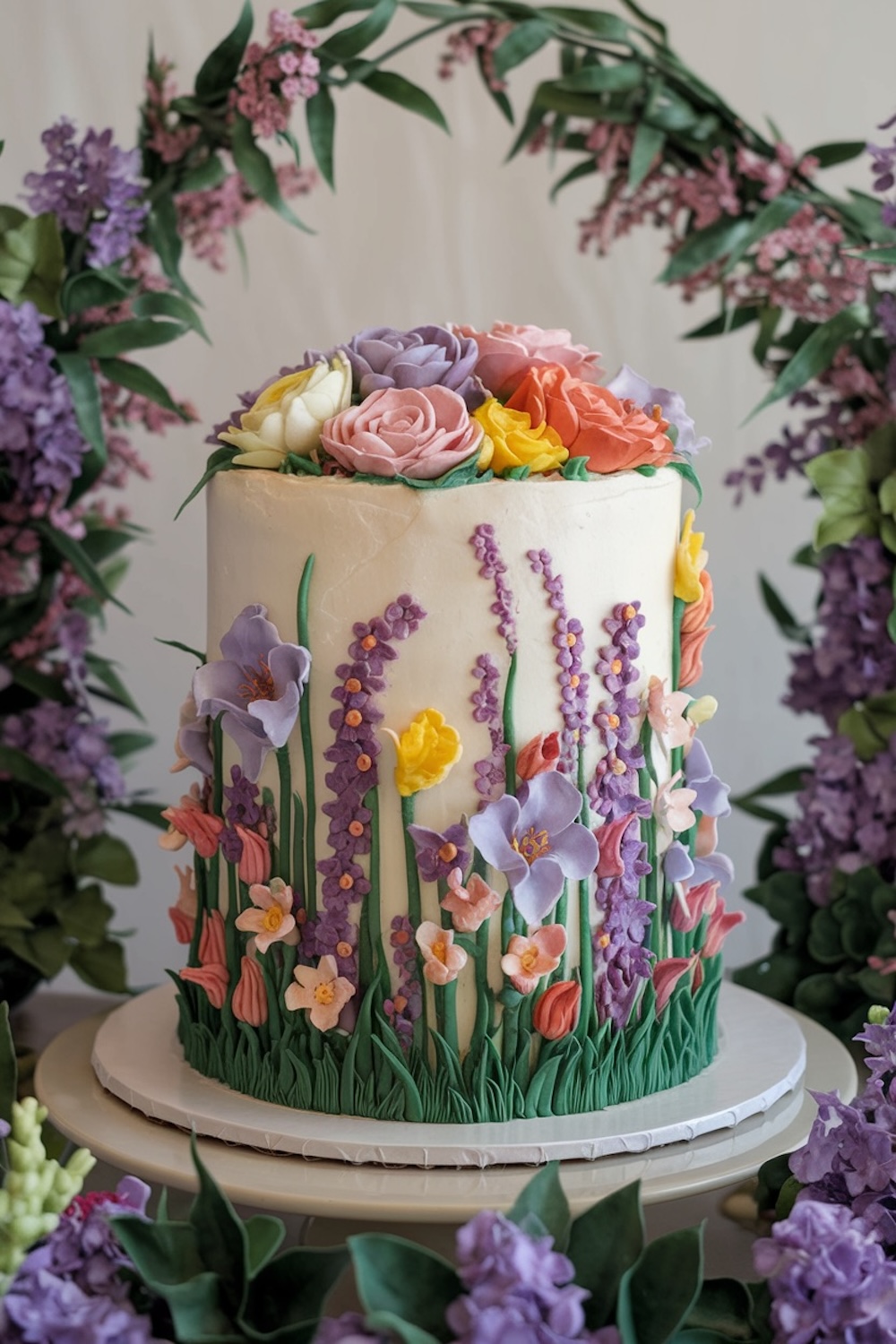 Birthday cake inspired by a blooming garden, decorated with pastel purple buttercream flowers, perfect for a purple cake aesthetic.