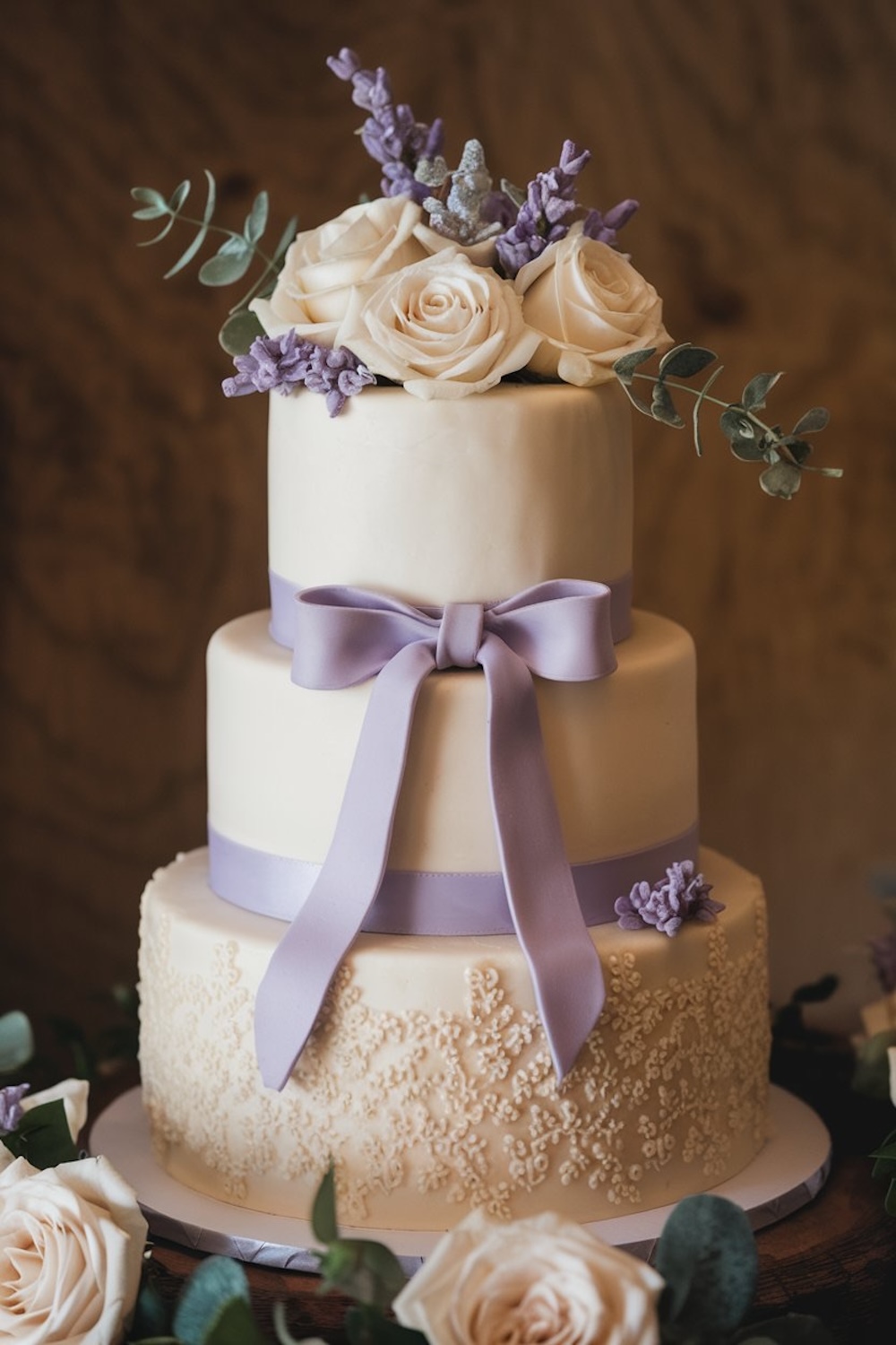 Elegant birthday cake with ivory fondant, intricate lace detailing, and a lavender ribbon, embodying a classic purple cake aesthetic.