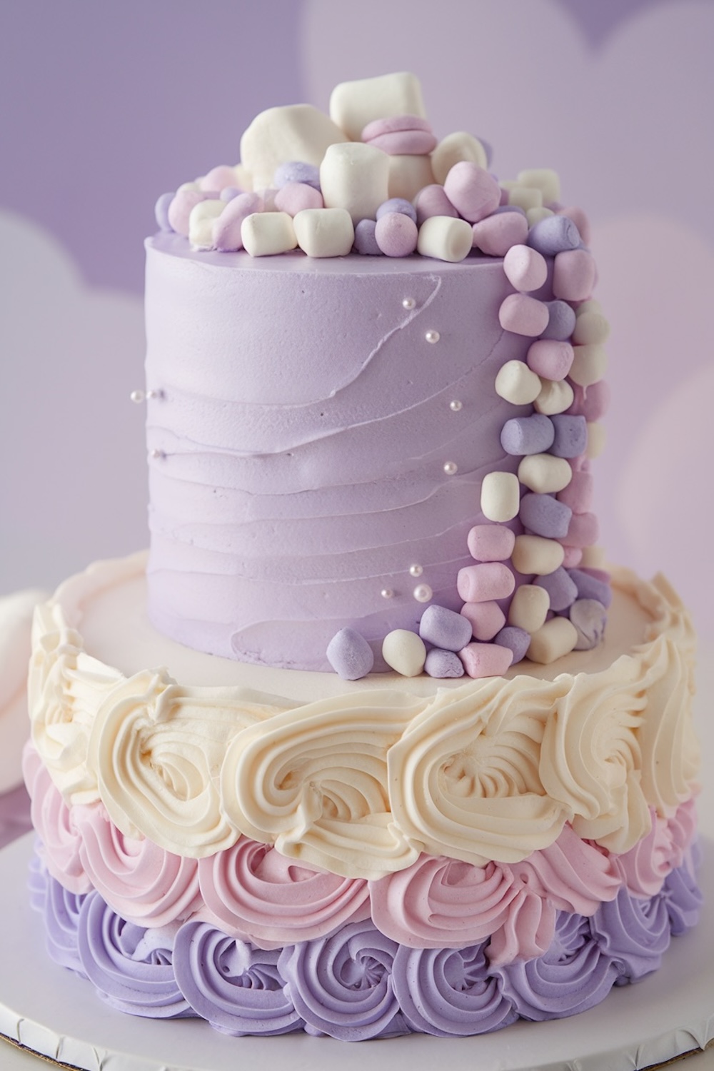 Charming birthday cake with pastel purple buttercream and cascading mini marshmallows, ideal for a playful purple cake aesthetic.