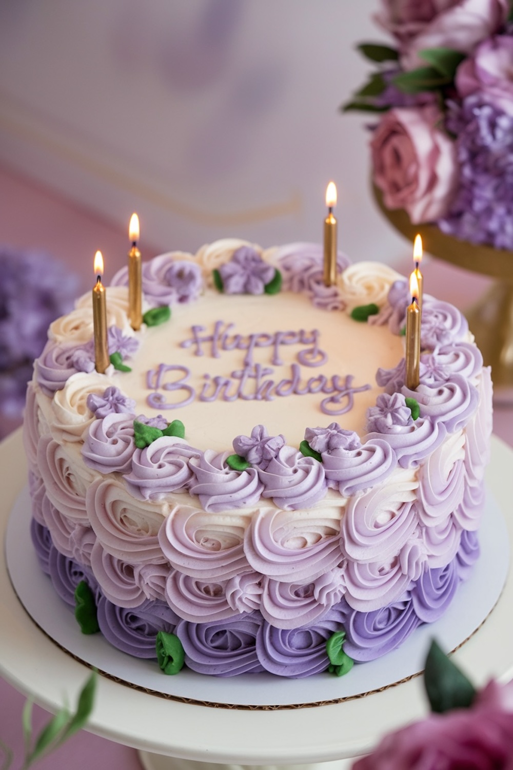 Classic birthday cake with pastel swirls of purple buttercream and a 'Happy Birthday' message, showcasing a timeless purple cake aesthetic.