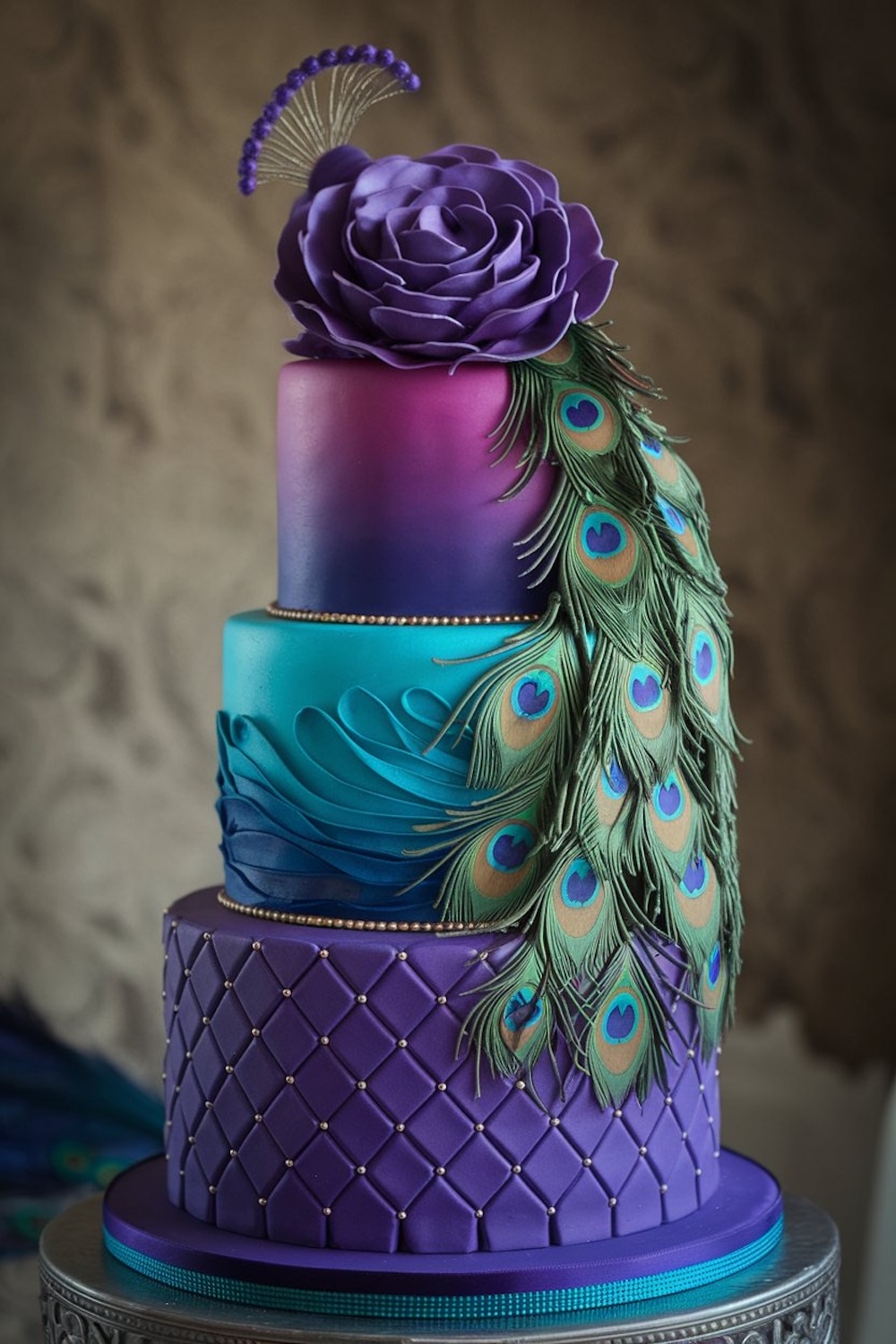 Stunning peacock-themed birthday cake with ombre shades of purple and turquoise, featuring intricate fondant feathers and a large purple rose.