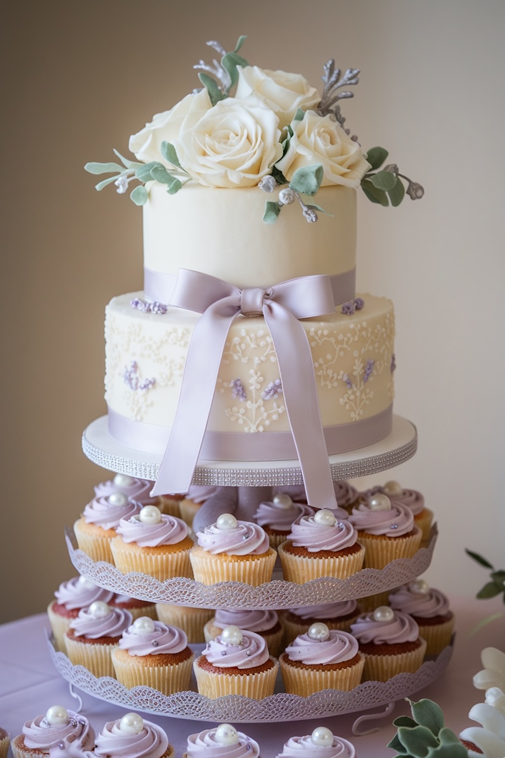 Two-tier birthday cake with lavender piping and sugar roses, accompanied by matching cupcakes, ideal for a purple birthday cake aesthetic.