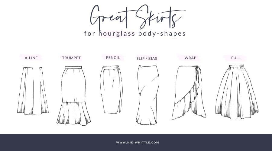 An illustration of 6 great skirt styles for an hourglass body shape