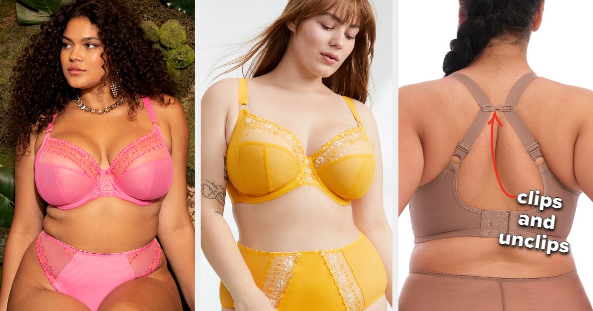 Three images of models wearing pink, yellow, and beige bras