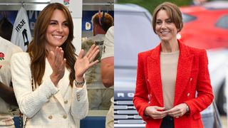 Two photos of Kate Middleton wearing a white blazer and a red blazer while clapping and smiling