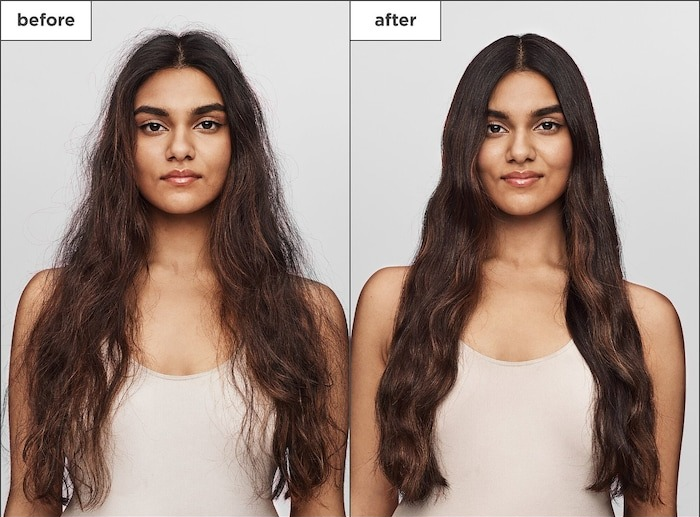 before and after of frizzy dry hair on a model that looks smooth and frizz-free afterward