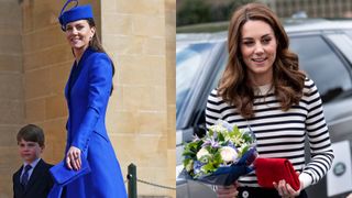 Kate Middleton holding a blue clutch and wearing a blue coat on the left and wearing a striped sweater with a red clutch on the right