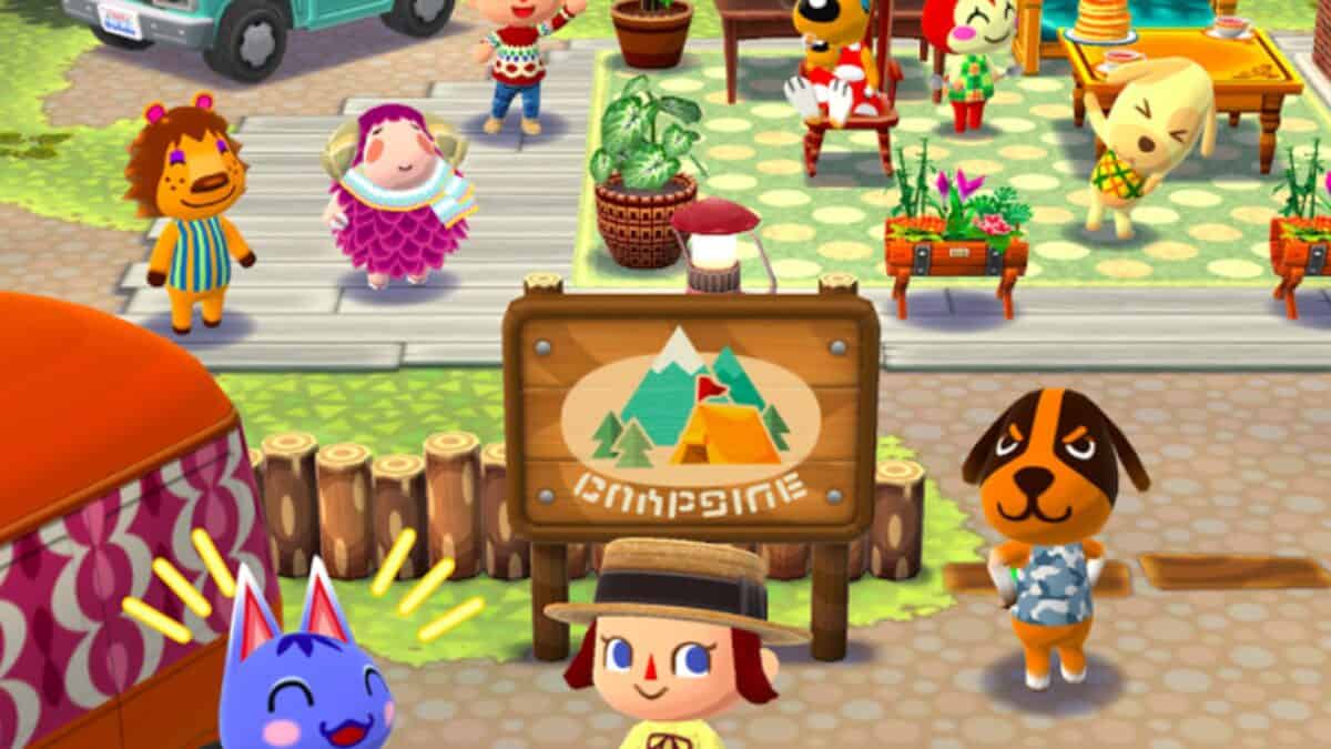 A colorful scene showing various animal characters and a player character in front of a sign that reads "Campsite" in a cozy mobile game setting, complete with cartoon outdoor furniture, plants, and a vehicle.