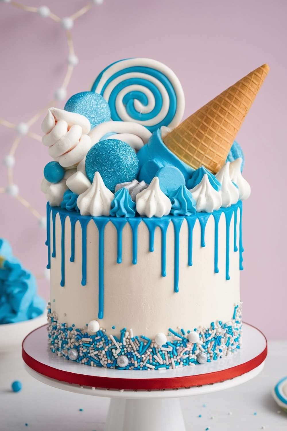 Candy Swirls Dream Cake – Fun, candy-themed blue cake with an ice cream cone and lollipops.
