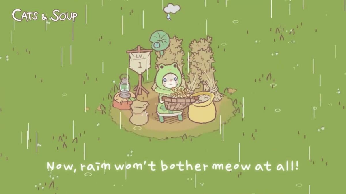 A frog-costumed character sits beside a basket of food with the text "Now, rain won't bother meow at all!" in a field, with rain falling, and checks their phone for games. The area is labeled as "LV. 1.