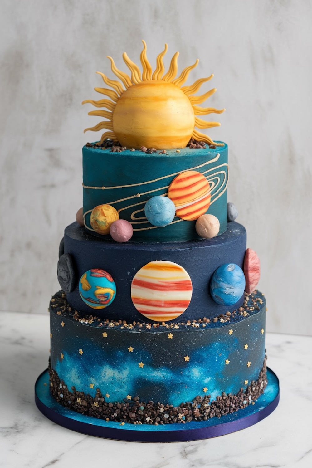 A multi-tiered cake featuring a cosmic theme with planets and a starry city skyline.