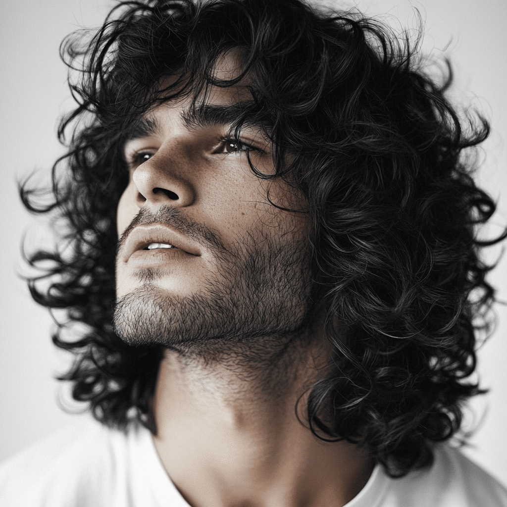 A guy with long relaxed curls - Part of editorial about haircuts for curly hair men