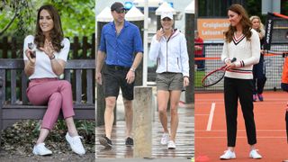 Three photos of Kate Middleton wearing white Superga canvas sneakers, wearing pink pants on the left, walking with prince william in the middle and holding a tennis racket on the right