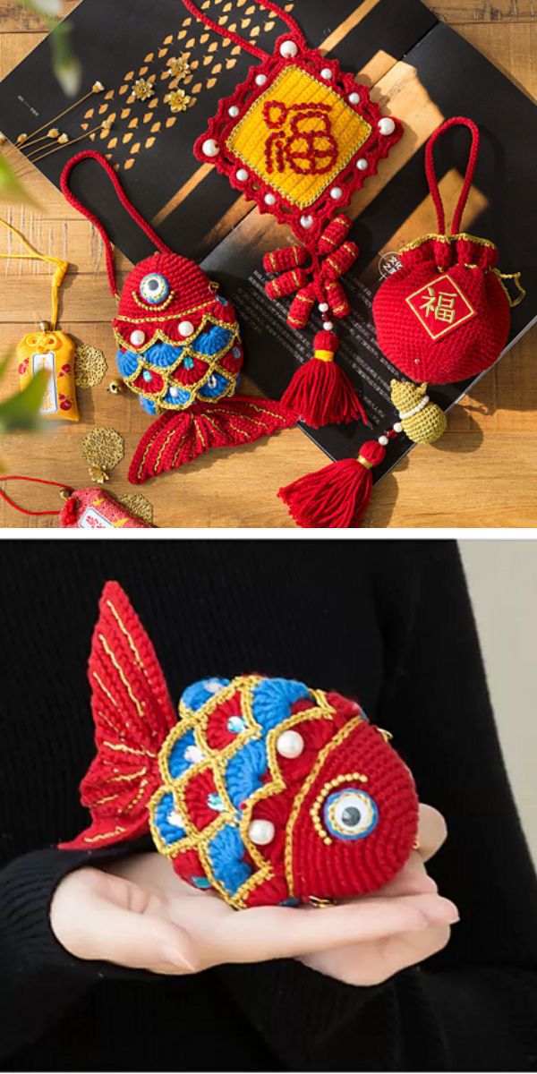 a crochet earphone pouch shaped like a fish