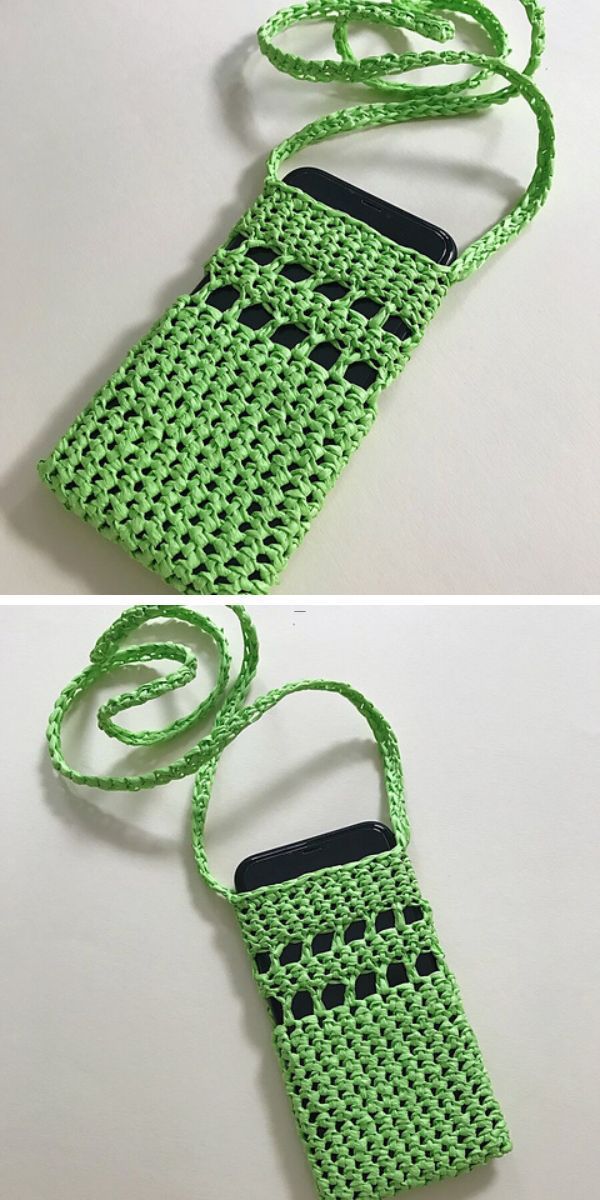 a small crochet bag in a green color with a smart phone inside it