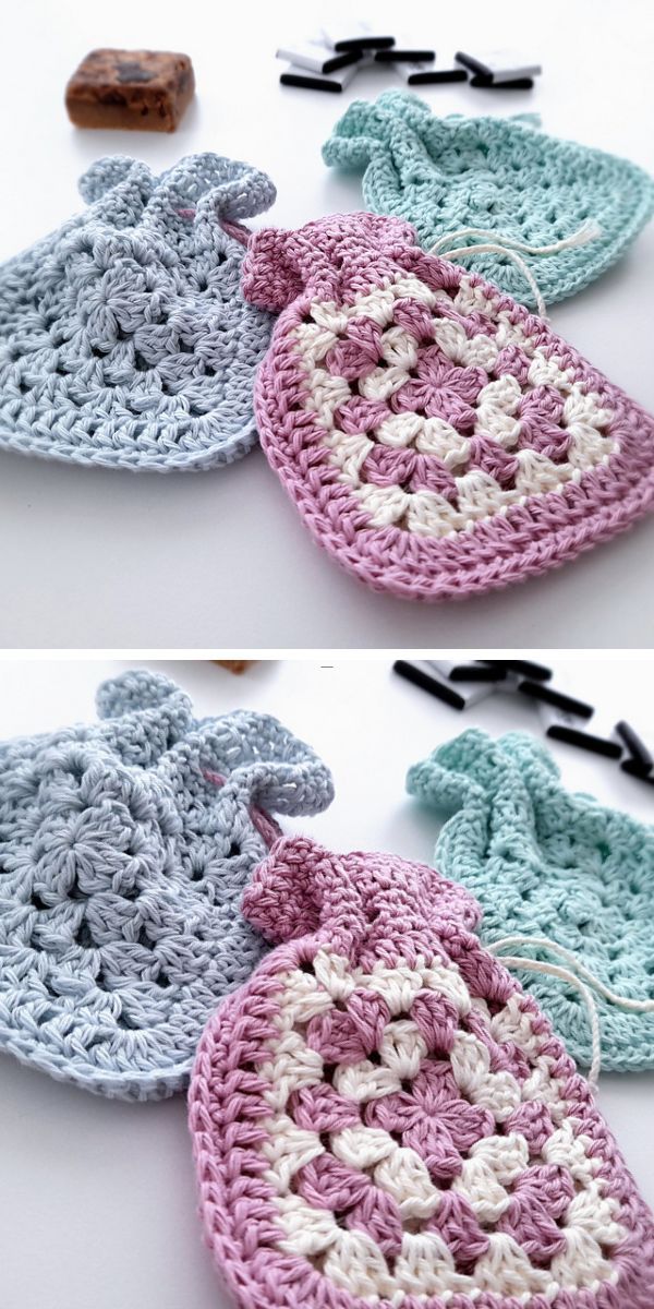 three small crochet pouches made of granny squares