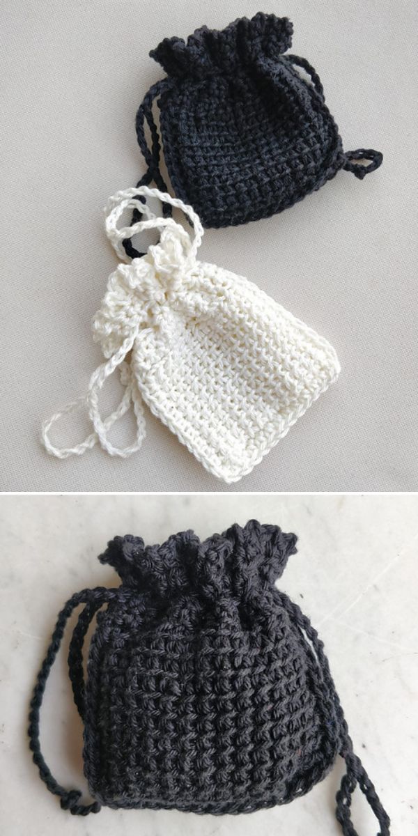 two crochet pouches, one in white and one in black