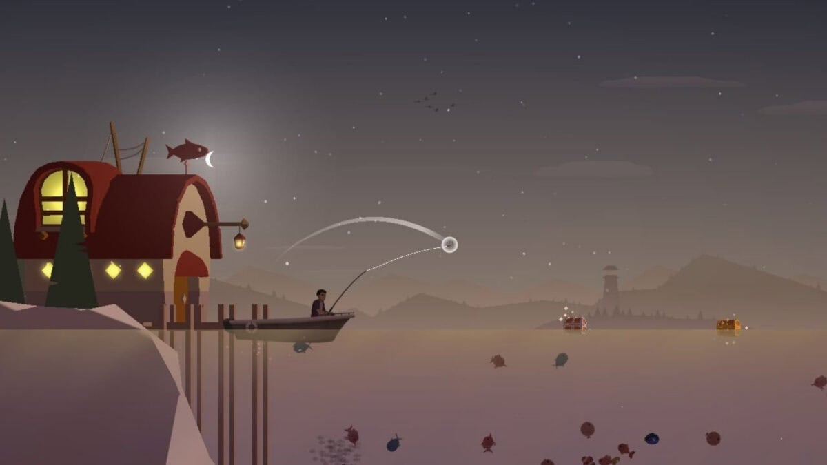 A person fishes from a boat near a house on stilts at night, with the moon and stars visible in the sky, and mountains and a lighthouse in the distance. Occasionally glancing at his phone, he enjoys playing games while waiting for a catch.