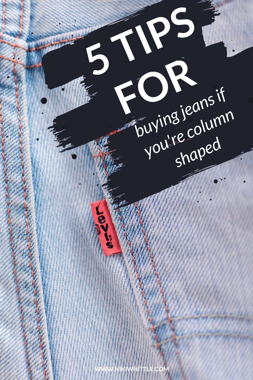 An image of a pair of light denim jeans, with the text overlay that reads 'the best jeans for column body shapes'.