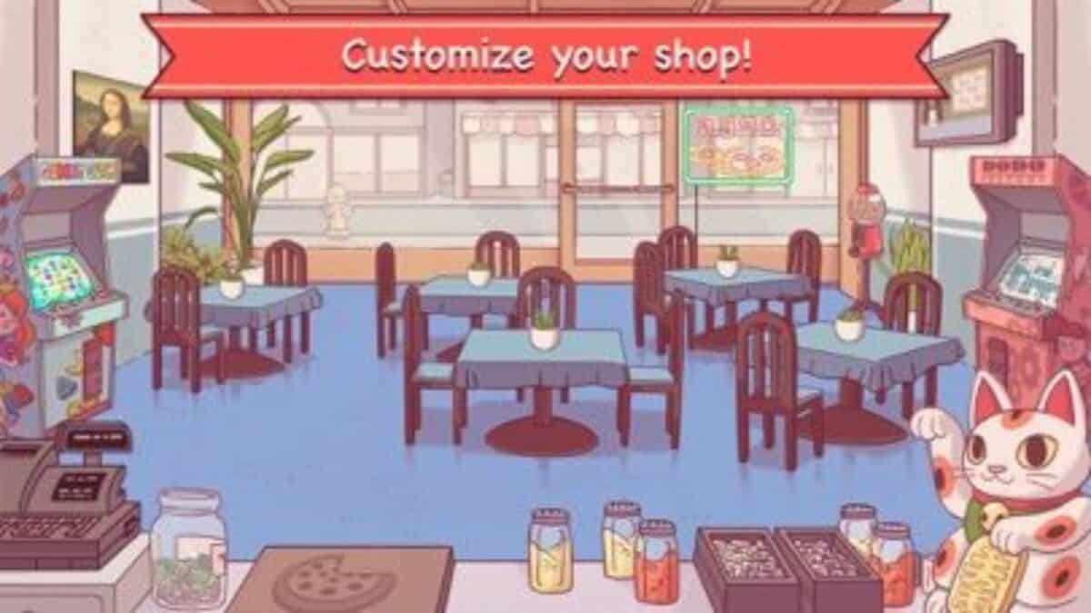 Illustration of a small shop interior with tables, chairs, and various decorative items. A banner at the top reads "Customize your shop!". A waving cat figurine and jars of candy on the counter add to the cozy aesthetic, reminiscent of charming mobile games.