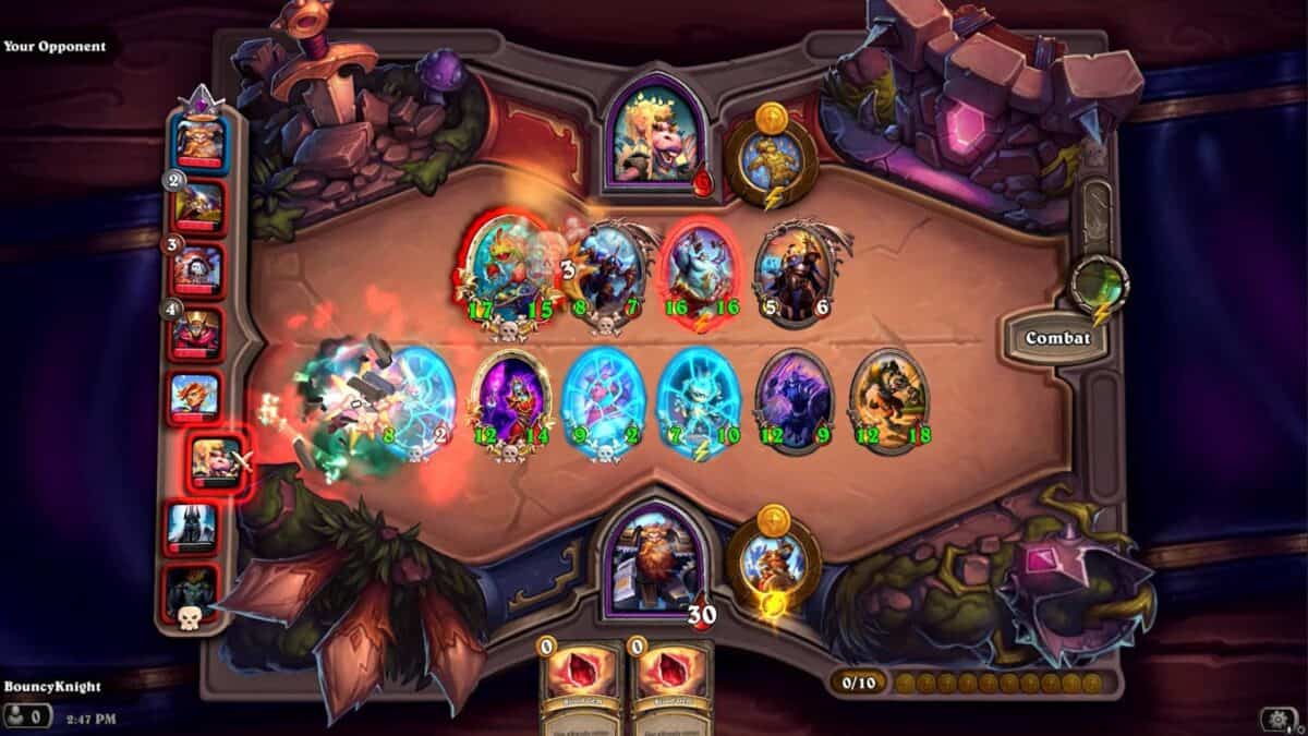 A Hearthstone game screen on a phone shows a player's cards and opponent's cards in play. The player's hero is at 30 health with two cards in hand. Various minions are positioned on both sides of the battlefield, capturing the essence of strategic card games.