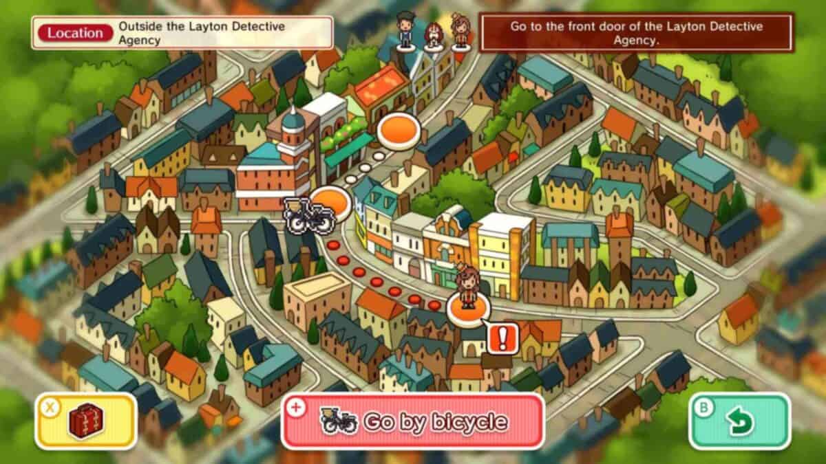 A colorful animated city map from a cozy mobile game shows a route to the Layton Detective Agency. A character icon is on a path, and there's an option to "Go by bicycle" at the bottom.