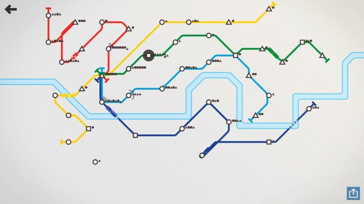 A complex network of multicolored intersecting lines and nodes on a white background, resembling a transit or metro map, with various symbols and letters marking specific points and connections—like the intricate pathways of cozy mobile games.