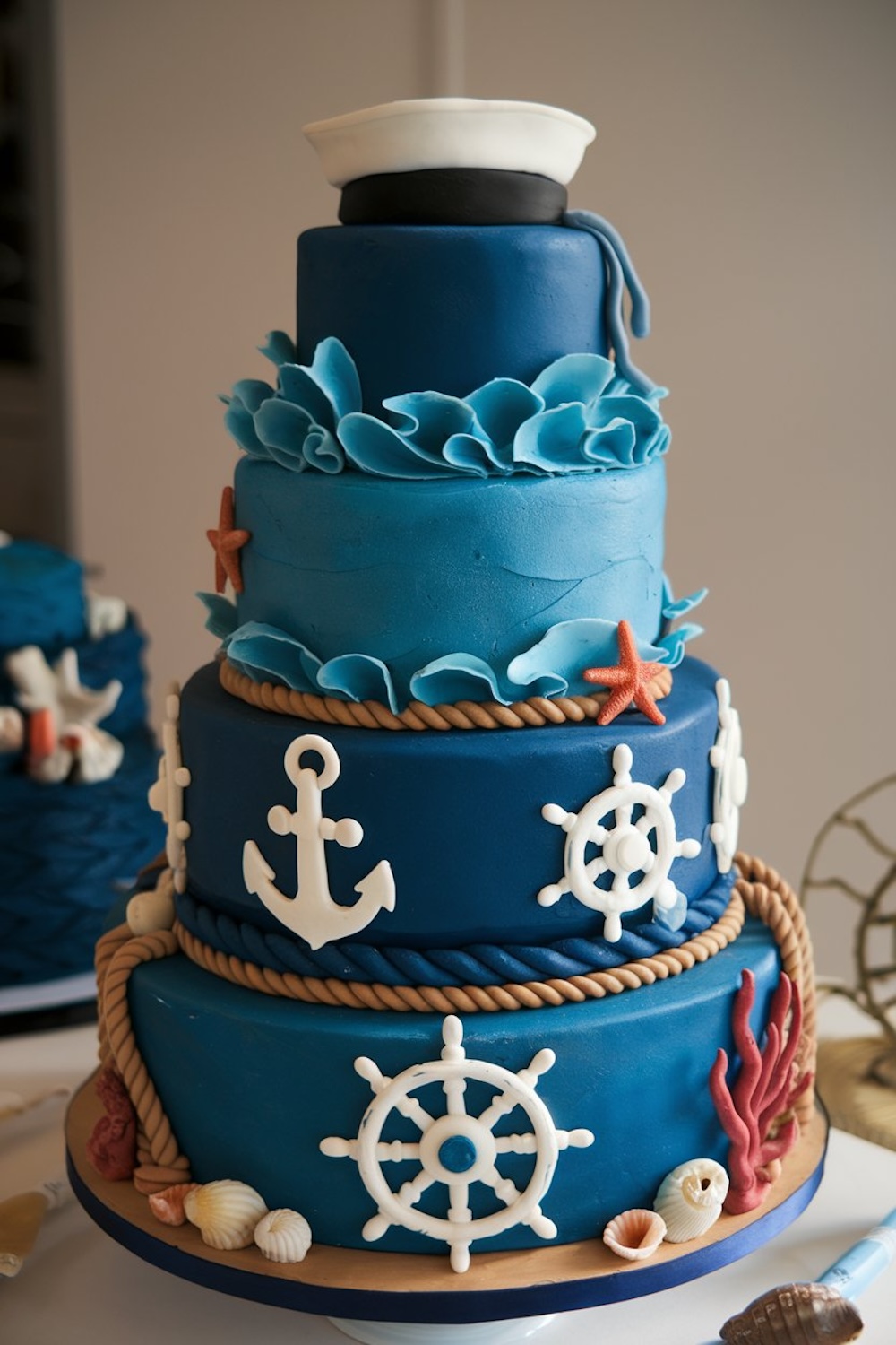 Nautical Adventure Cake – A navy-themed cake featuring anchors, ship wheels, and ocean-inspired details.
