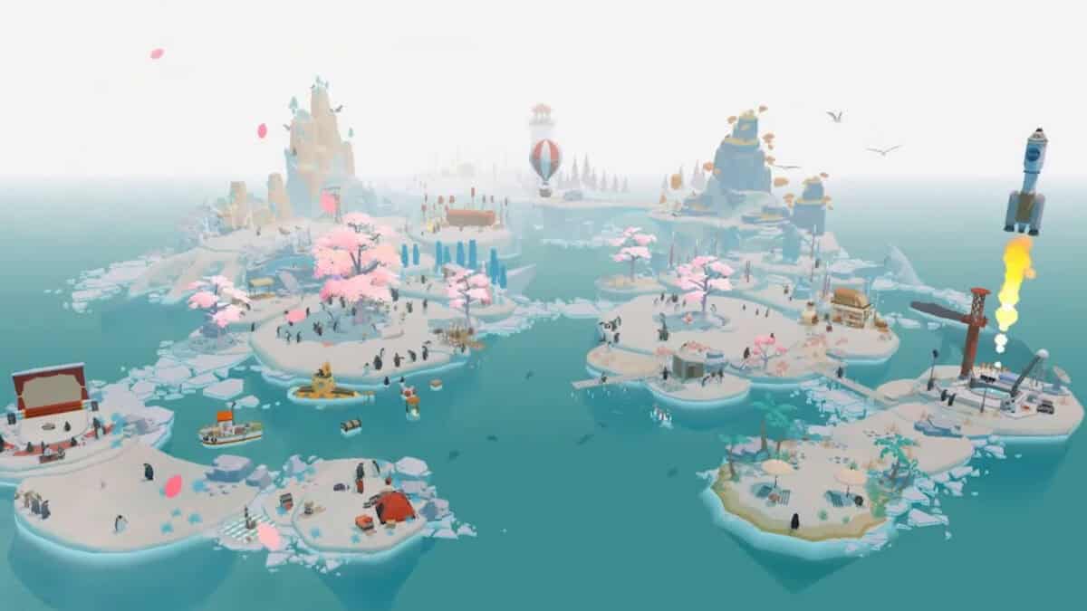 A digital illustration of a coastal town with islands connected by bridges. It includes various structures, cherry blossom trees, a hot air balloon, boats, and a launching rocket. Perfect as a vivid wallpaper for your phone and reminiscent of vibrant settings in popular games.