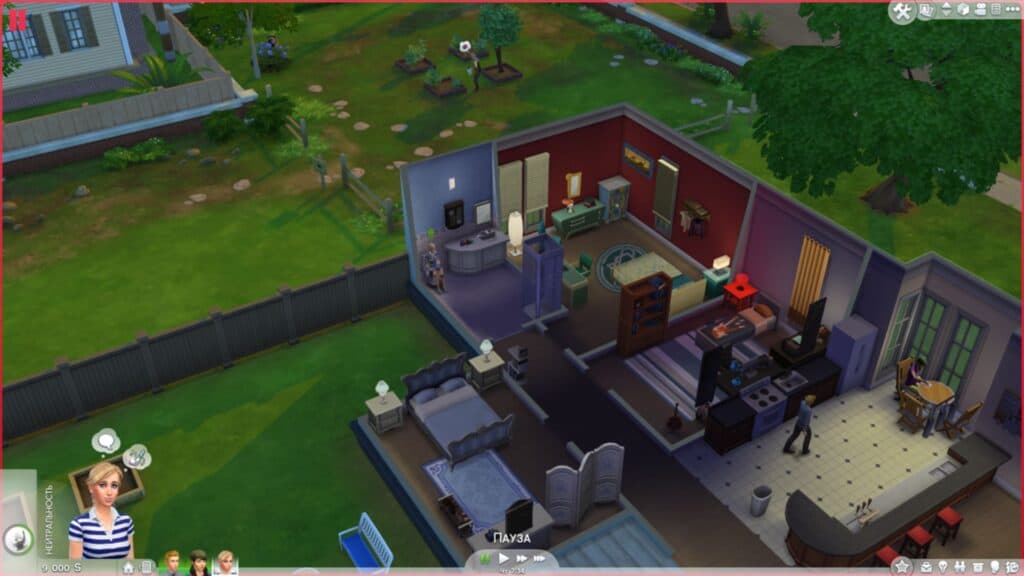 A screenshot from games like Palia, showing an open-plan virtual house with different rooms, furniture, and characters engaged in various activities.