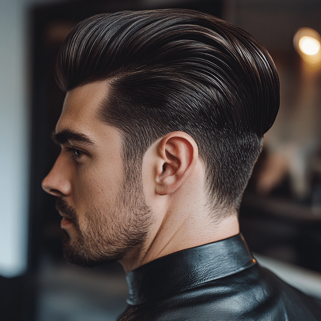 A Guy with a sleek back pompadour and a taper haircuts - modern haircuts for men 2025