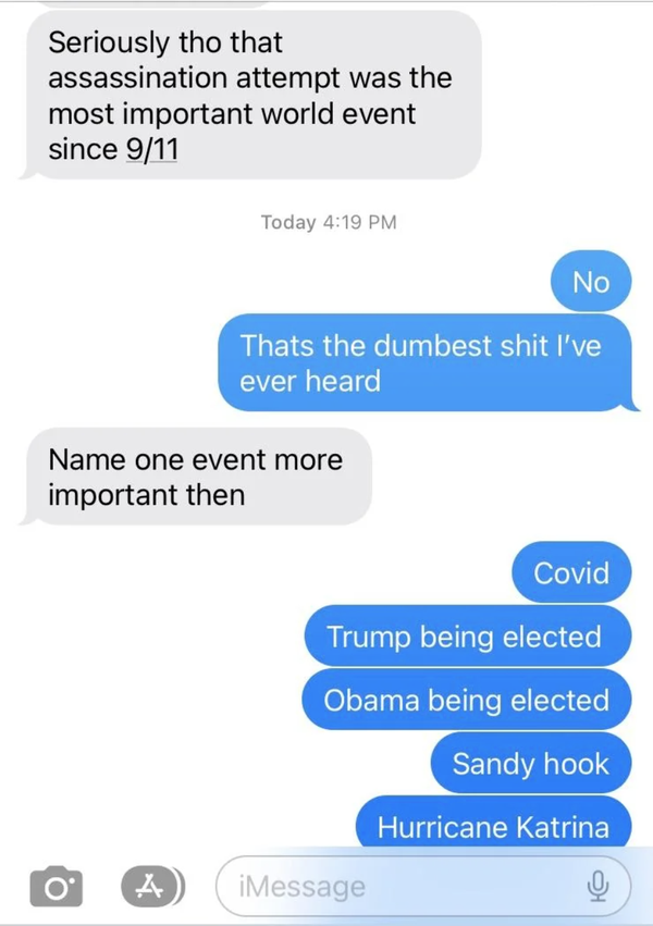 Screenshot of a text conversation listing significant events: COVID-19, Trump and Obama elections, Sandy Hook, and Hurricane Katrina