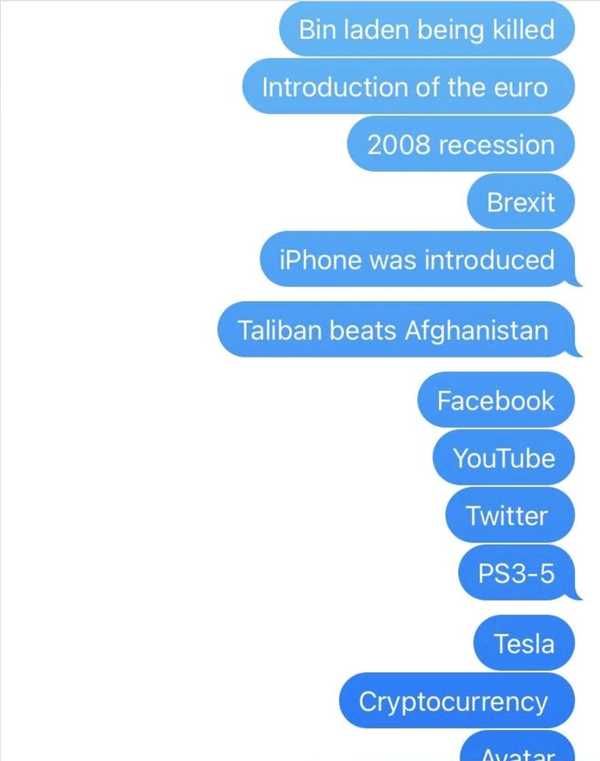 Text message list of significant events and technologies, including the euro's introduction, Brexit, and the rise of social media and cryptocurrency