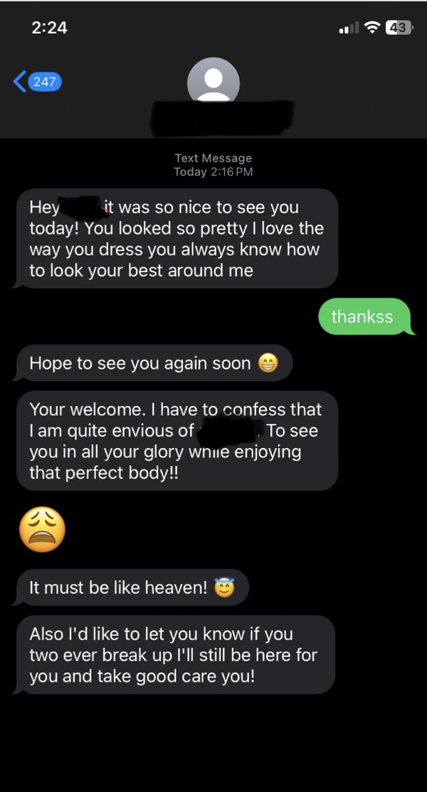 Screenshot of a text conversation with affectionate and flirtatious messages, expressing admiration for the recipient's appearance and suggesting meeting again