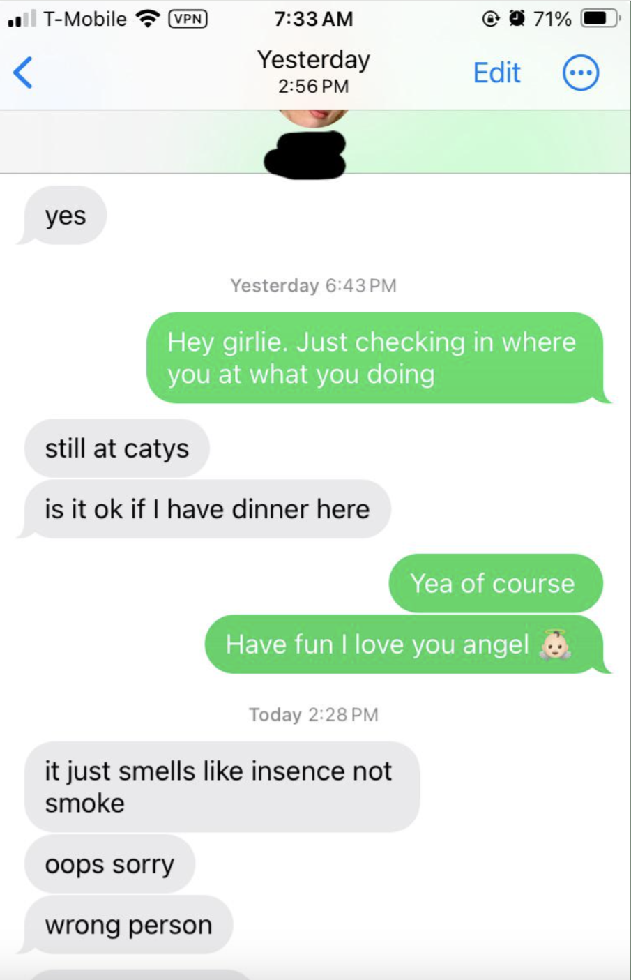 A text conversation where someone mistakenly sends a message about incense instead of smoke to the wrong person