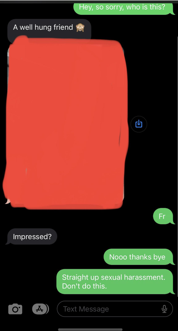 A text conversation where someone reacts to an inappropriate message by discouraging sexual harassment