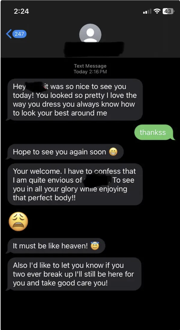 Phone screenshot of a text conversation with multiple messages exchanged. The conversation is flirty and includes compliments and suggestions of attraction. The sender expresses a desire to see the recipient again