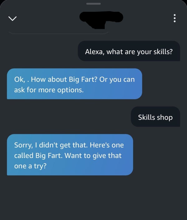 A device screen showing a conversation with Alexa. User asks for skills, and Alexa suggests "Big Fart." User requests "Skills shop," and Alexa repeats "Big Fart."