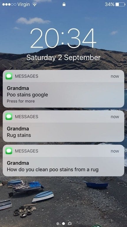 Text messages from grandma reading, "poo stains google"