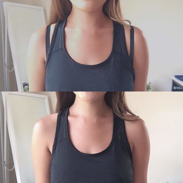 on top, a model wearing a racerback tank with bra straps showing and on bottom, the same model with no bra straps showing 