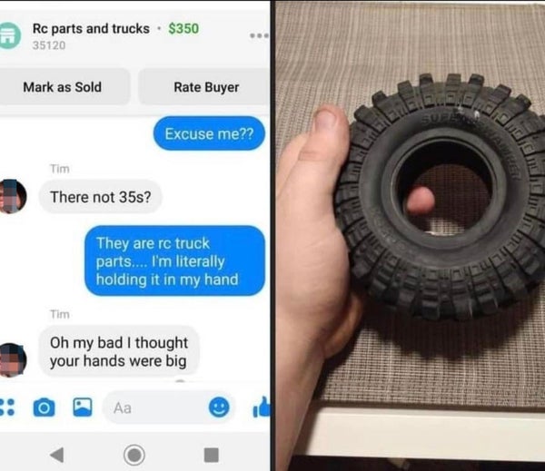 Facebook Messenger exchange discussing RC truck tire size confusion, with an image showing a hand holding a tire