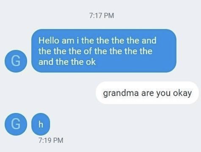 Text conversation with two participants. First person sends a long, repetitive message. Second person replies, asking, "grandma are you okay."