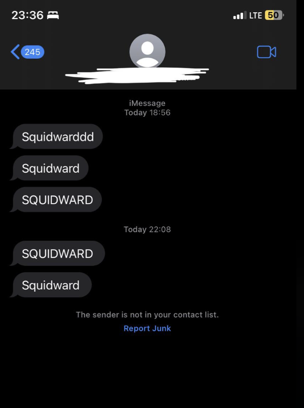 Phone screen showing iMessages from an unknown contact saying variations of "Squidward" several times